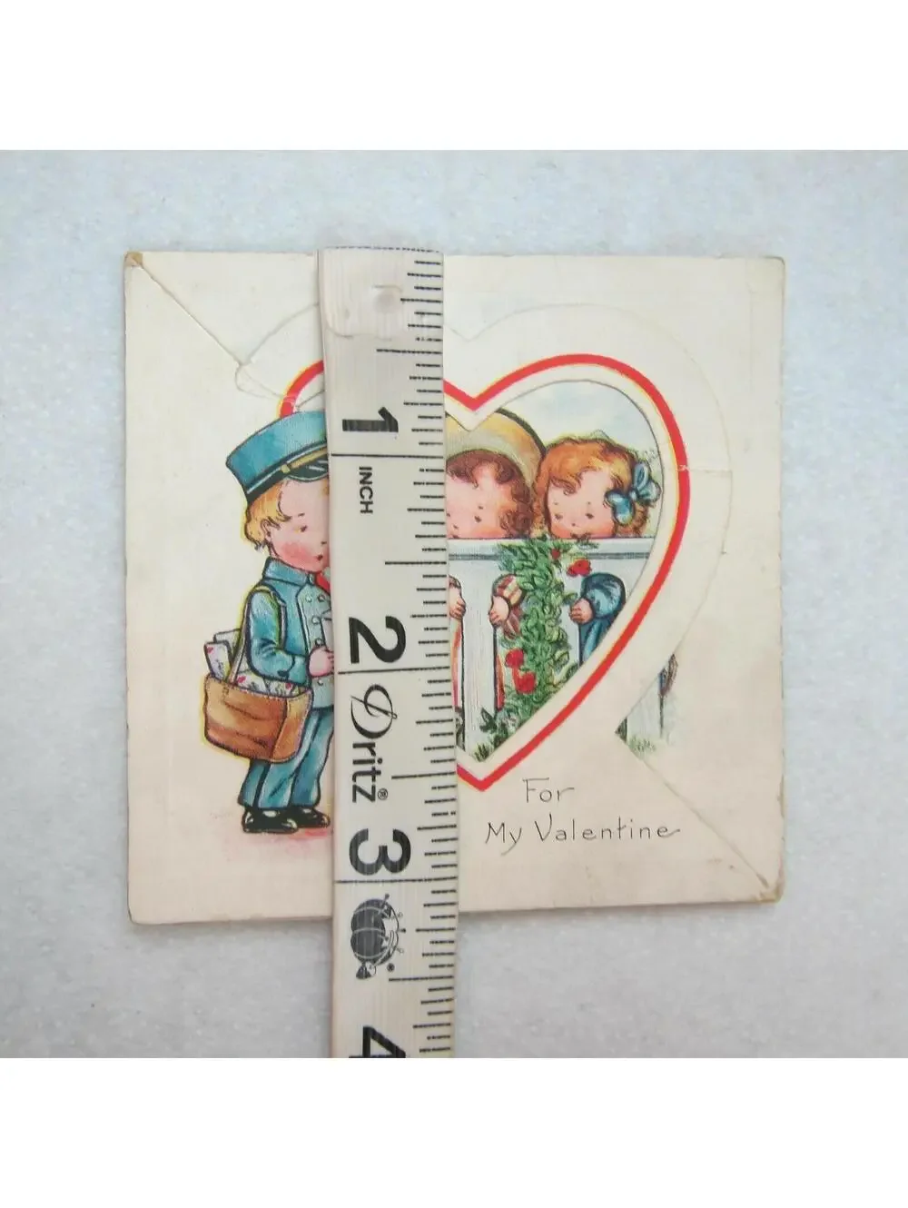 Vintage Valentine Card Foldout Stand Up Postman Boy & Girls at Fence 1920-30s